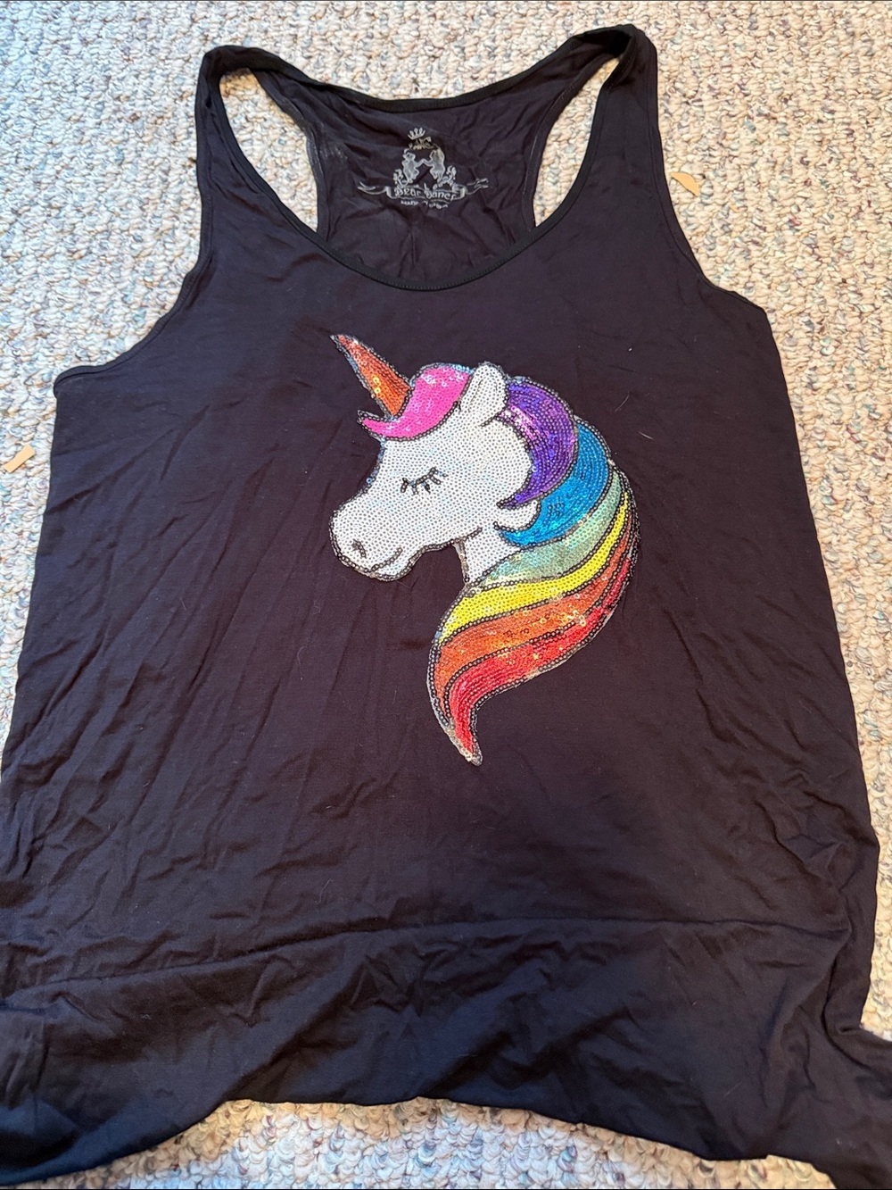 Bear Dance Black Tank Top with Rainbow Sequin Unicorn
